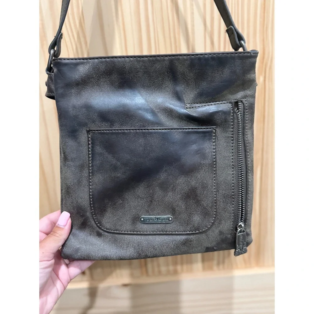 Trinity Ranch Crossbody Bag Gray Turquoise Acid Wash Cowhide Studded Western